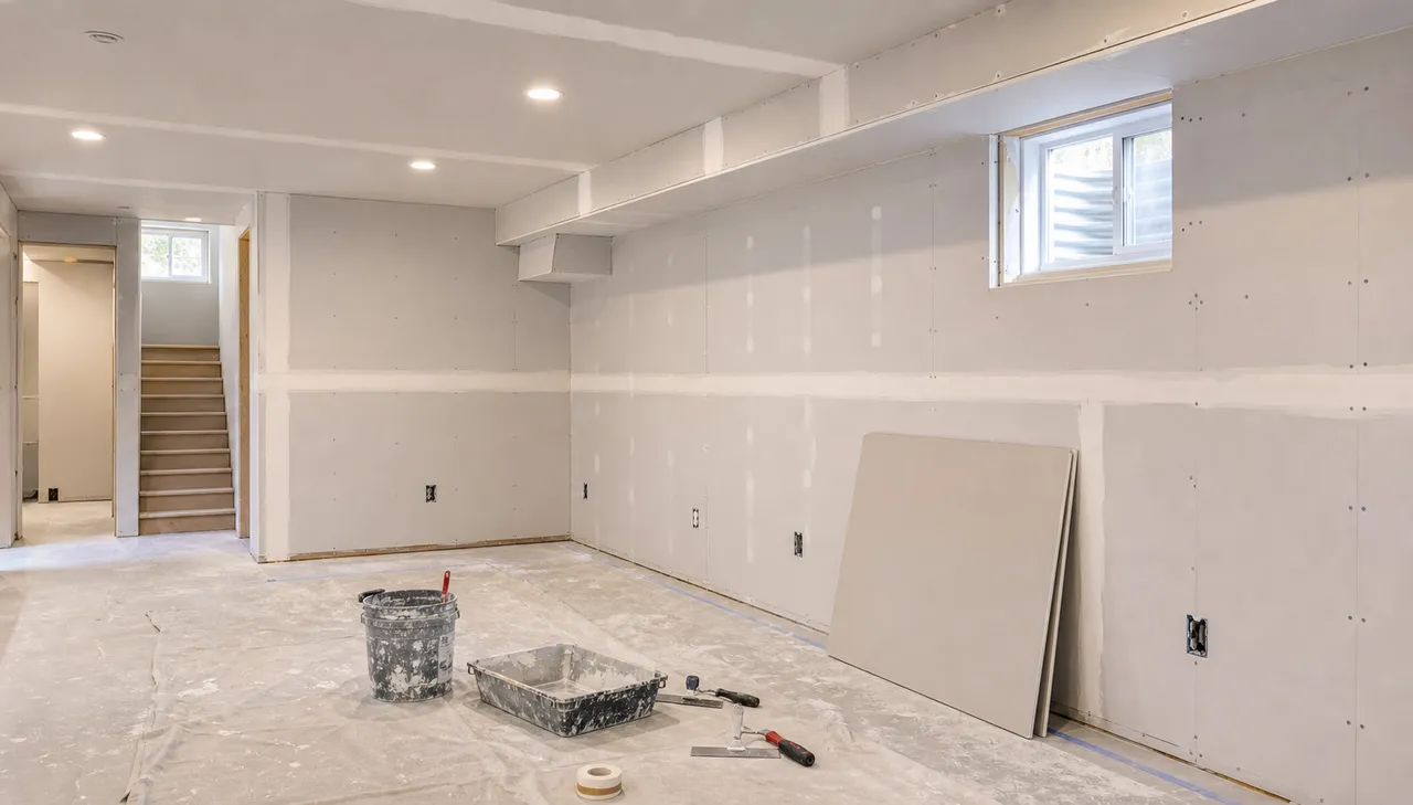 Hamilton basement with drywall board installed, protected floor, and taping tools ready for finishing.