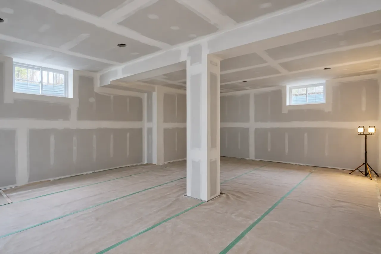 Boarded basement walls and ceiling with taped joints around a boxed column and bulkhead