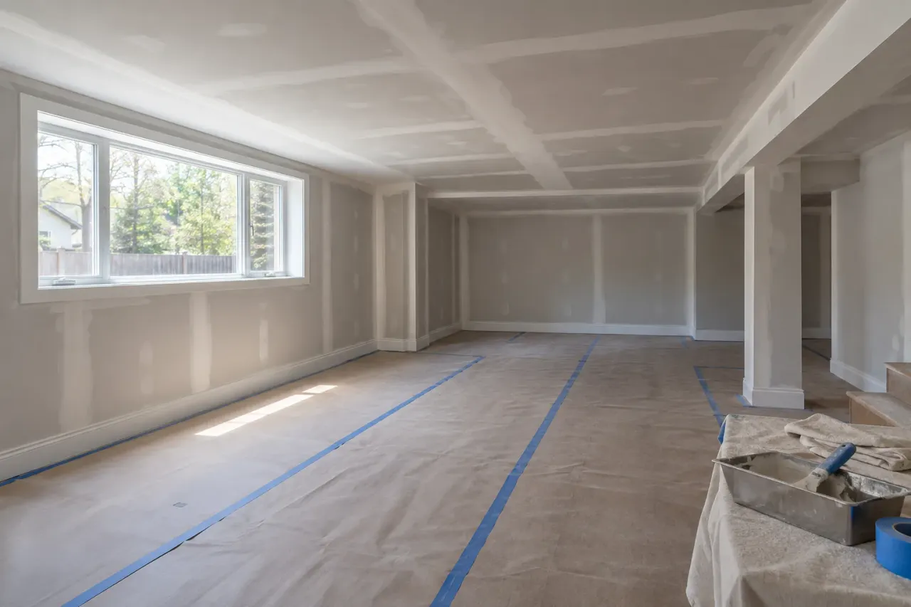 Basement recreation room with taped drywall seams and daylight falling along a long wall