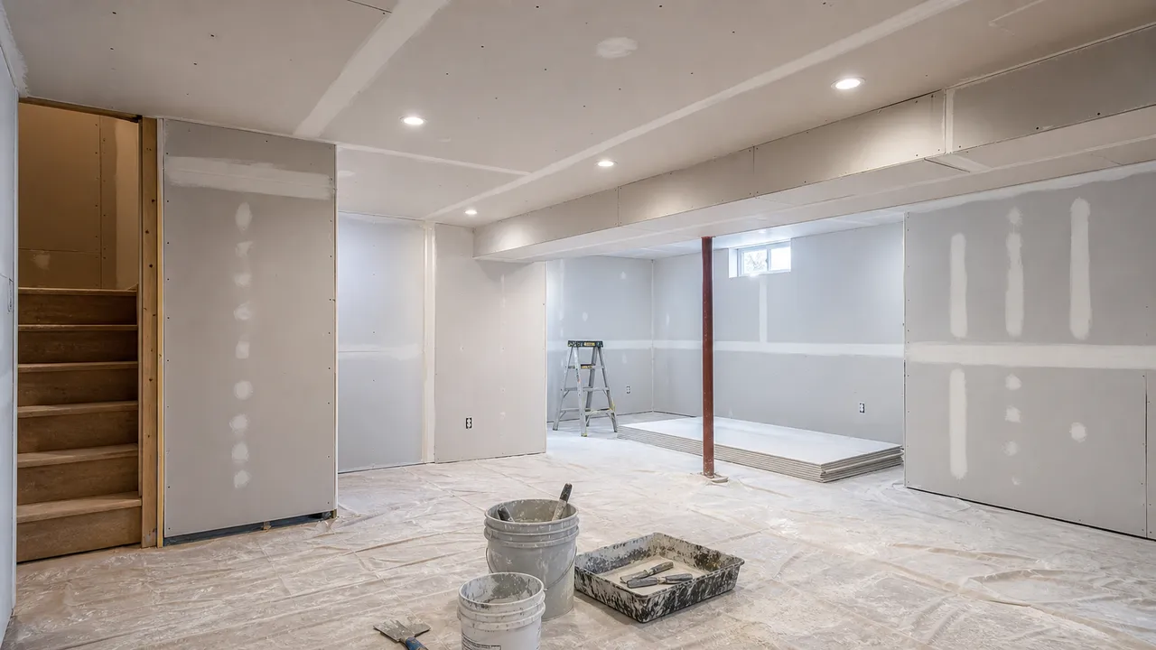 Illustrative basement board installation and taped ceiling
