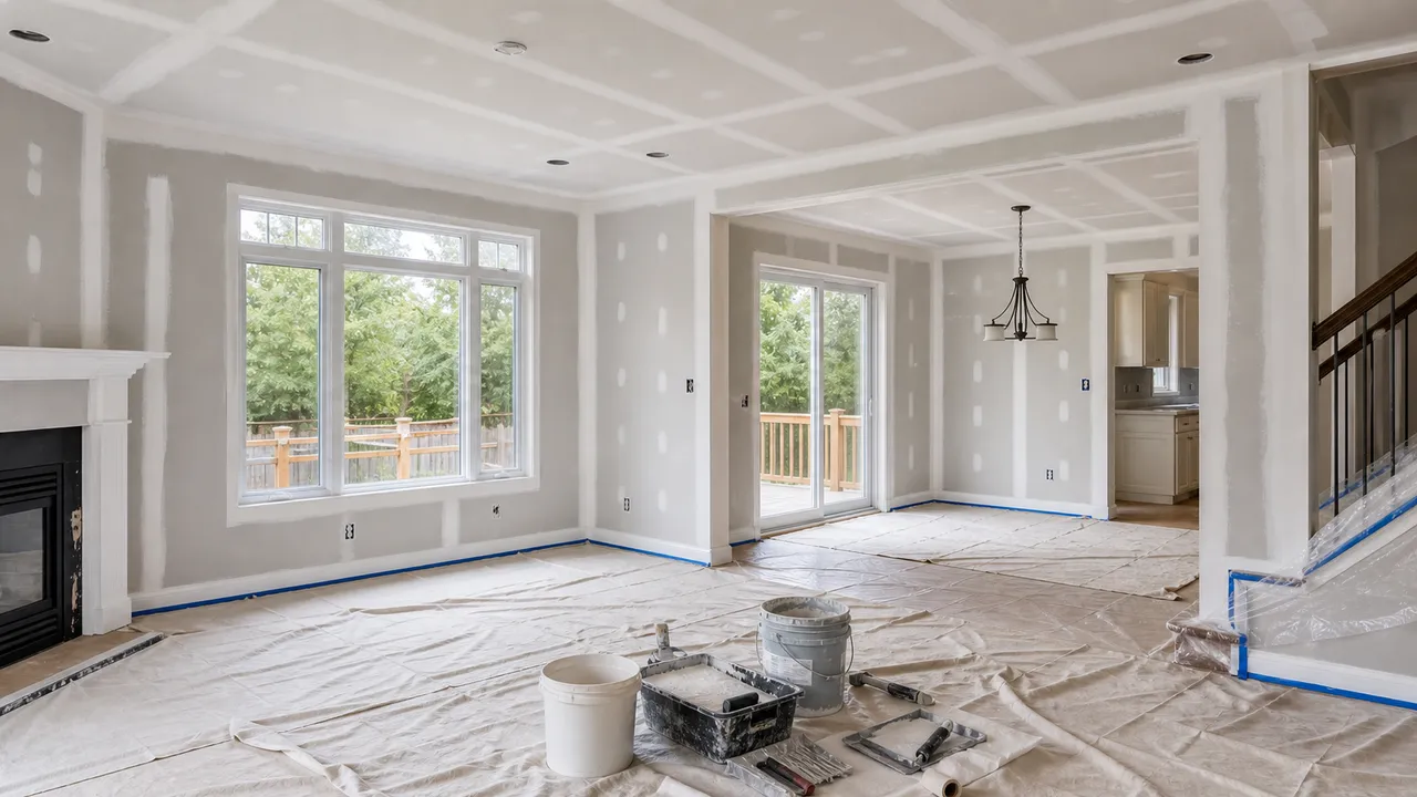Hamilton room with new drywall installation, protected floors, and taped seams before finishing.