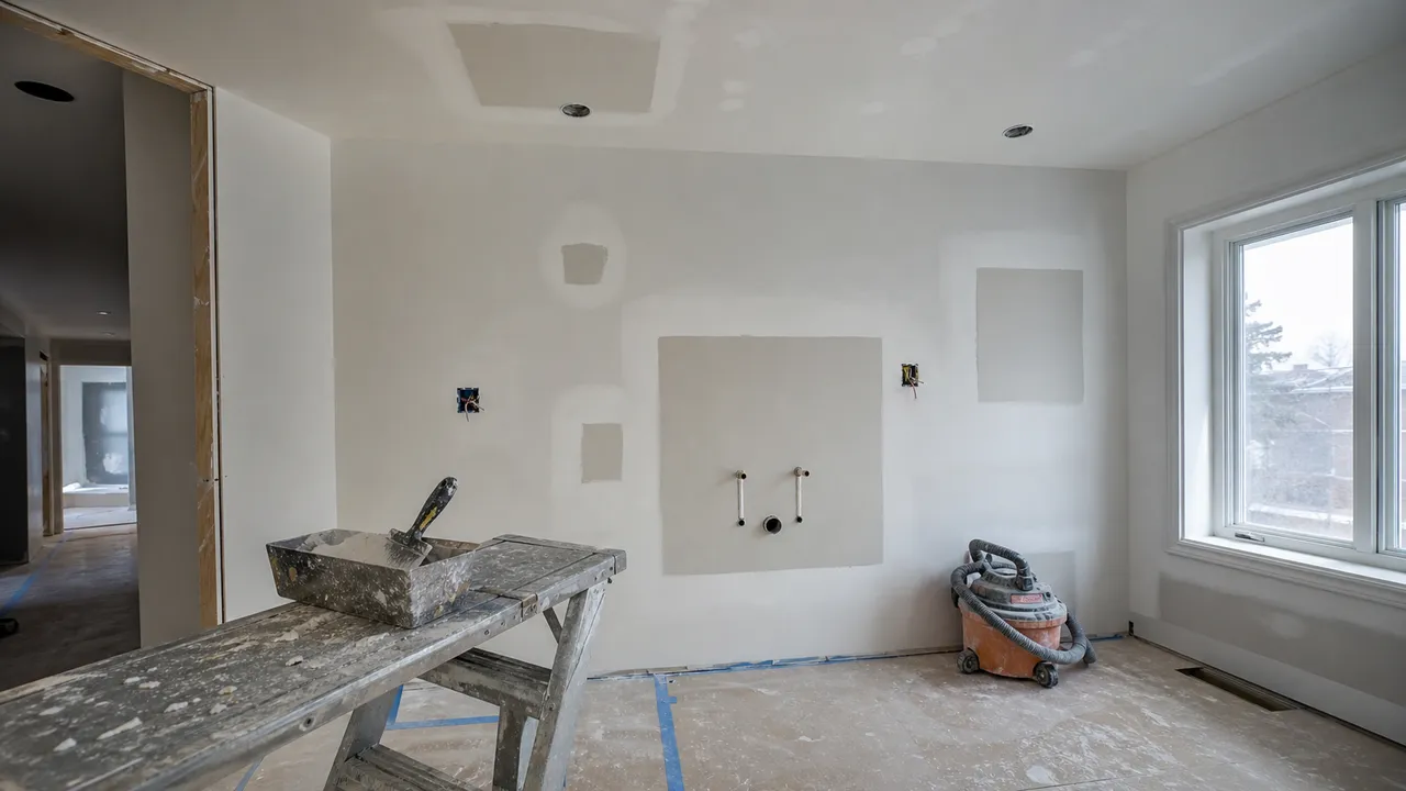 Drywall patches after electrical and plumbing access in a Hamilton-style home
