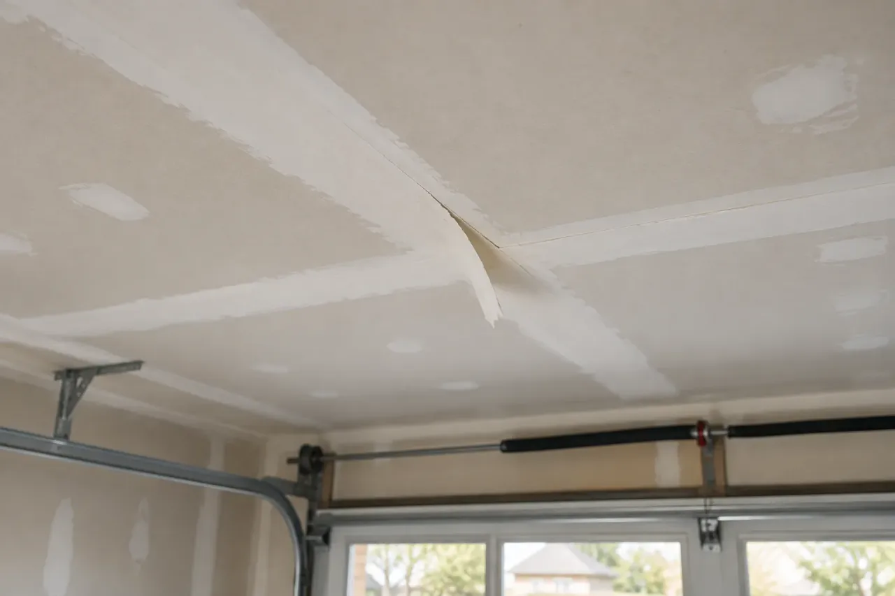 Short strip of detached ceiling joint tape above a garage door