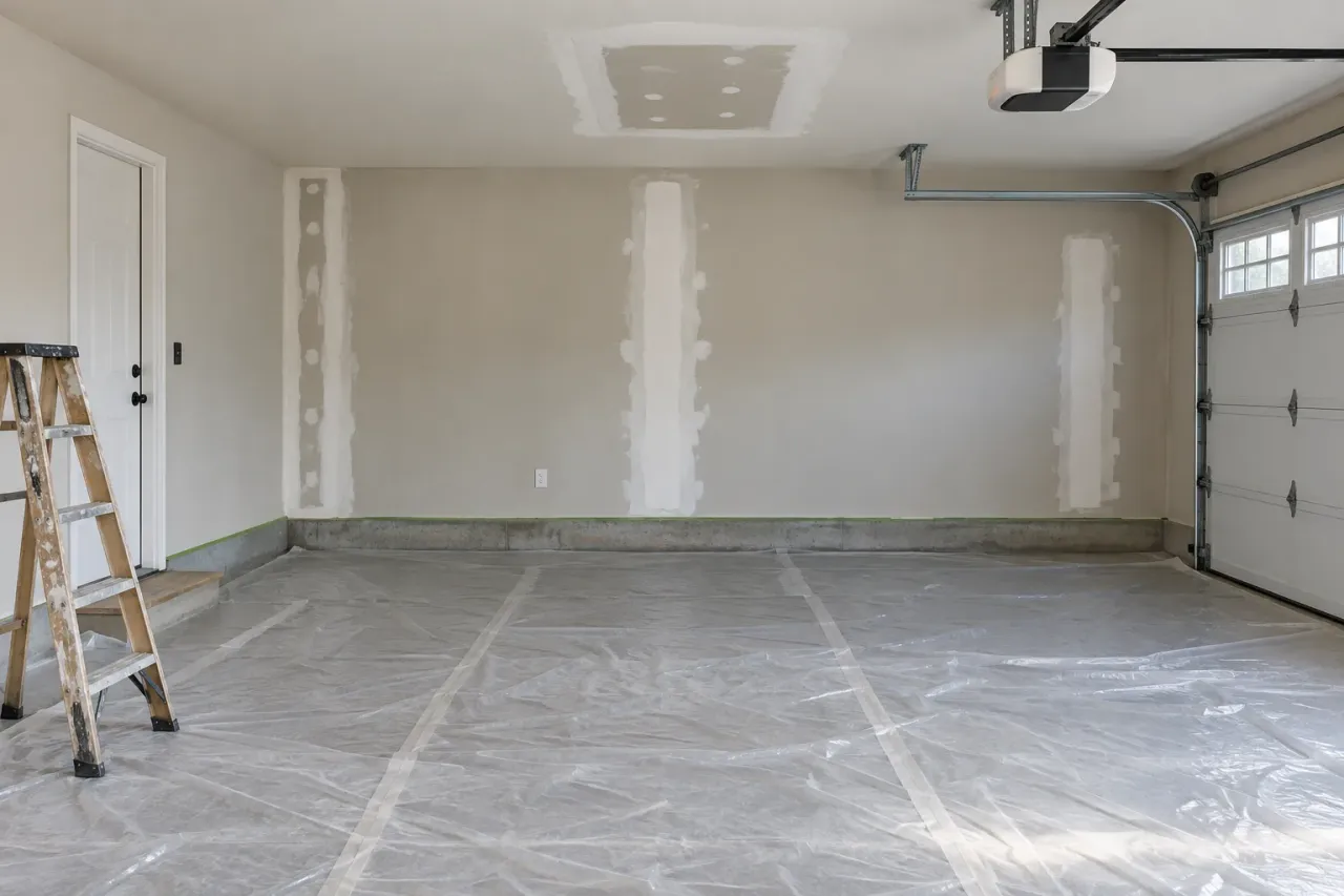 Protected garage floor beneath several wall joint repairs and a ceiling patch