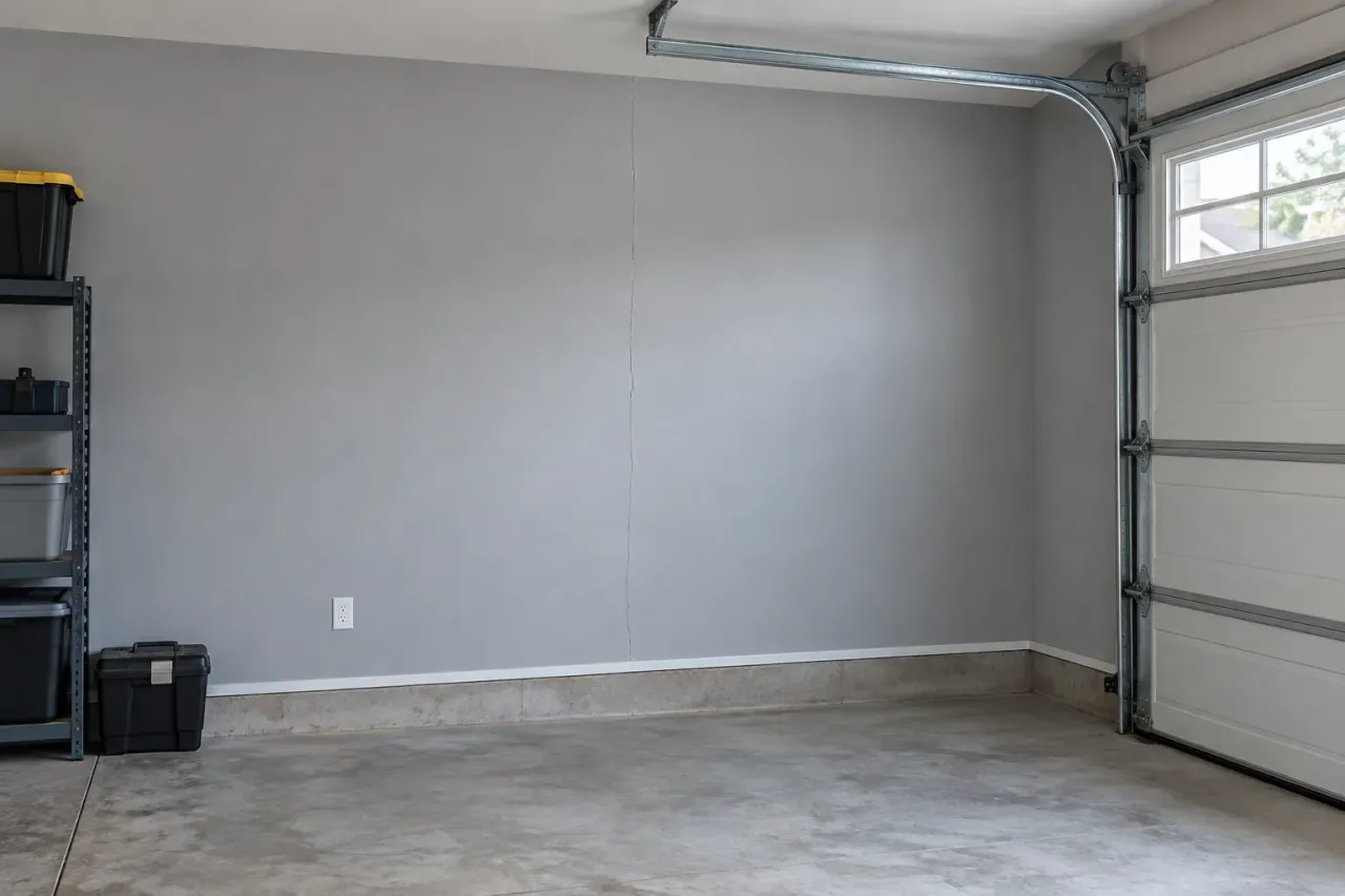 Narrow vertical seam crack on a gray painted garage wall
