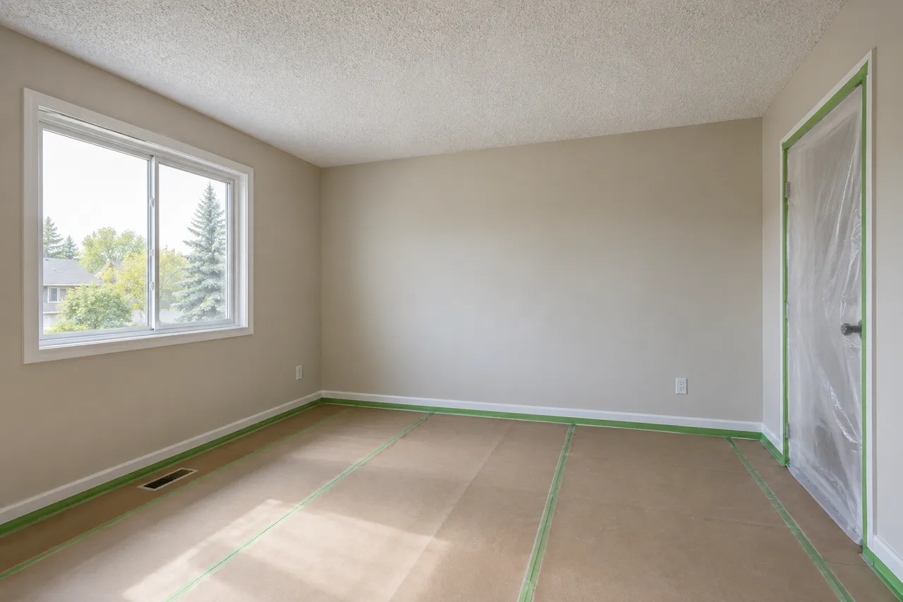 Protected room with an intact textured ceiling before assessment and ceiling work