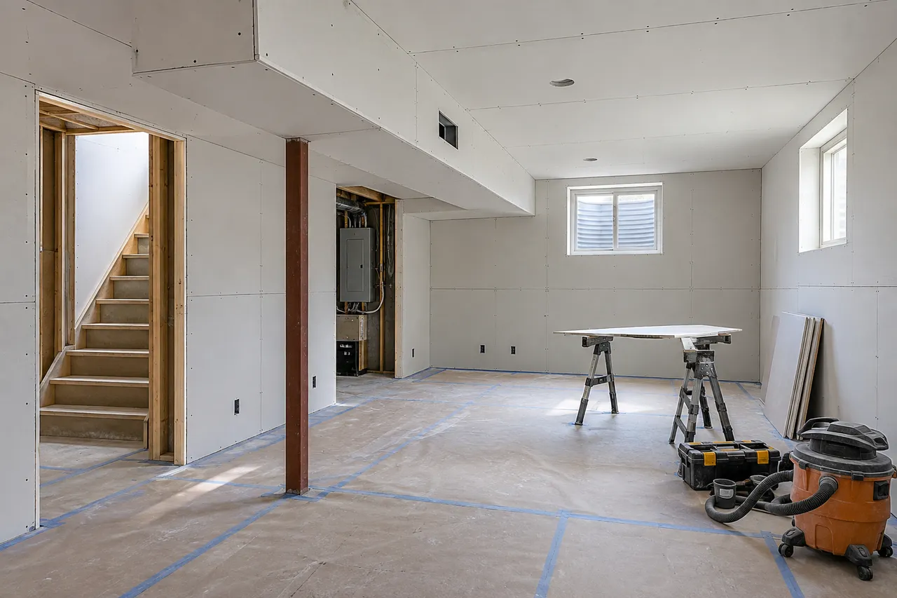 Basement drywall boards with unfinished joints and a service bulkhead