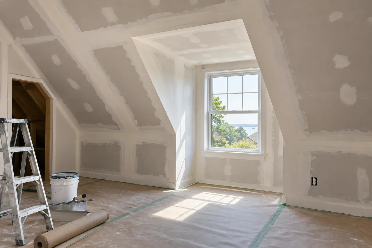 Sloped drywall ceiling with taped joints around a dormer window