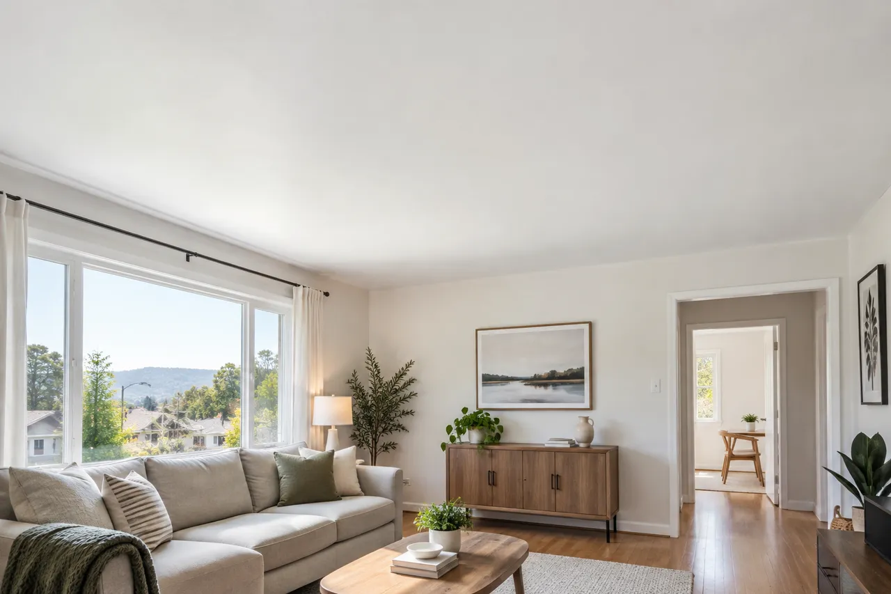 Bright living room with a smooth matte ceiling and daylight from a wide window