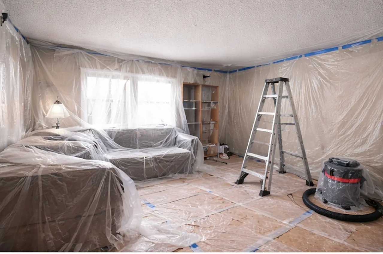 Hamilton popcorn ceiling removal preparation with covered room and clear ceiling access