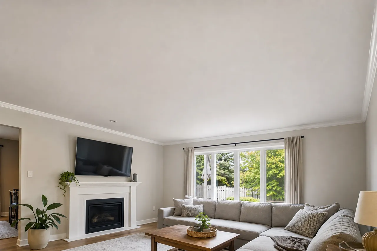 Finished smooth flat ceiling after painted popcorn ceiling removal