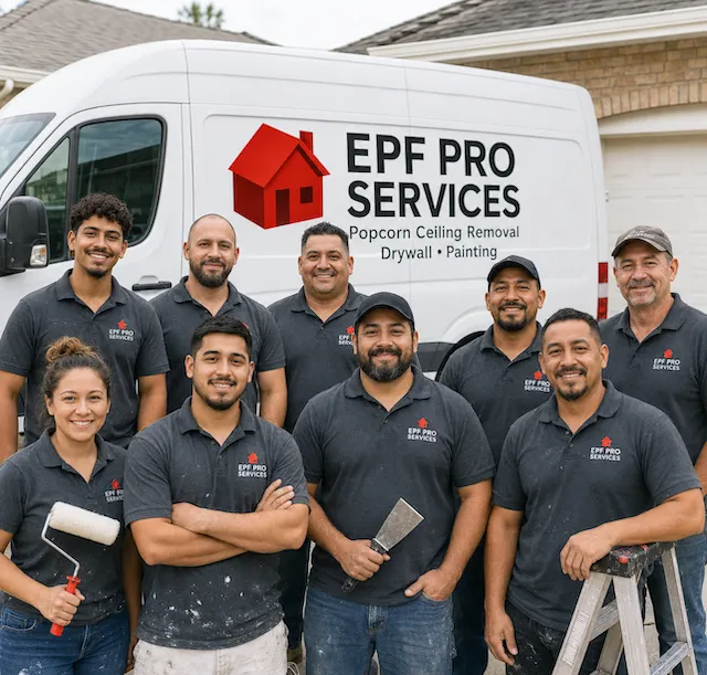 EPF Pro Services crew performing dust-controlled popcorn ceiling removal