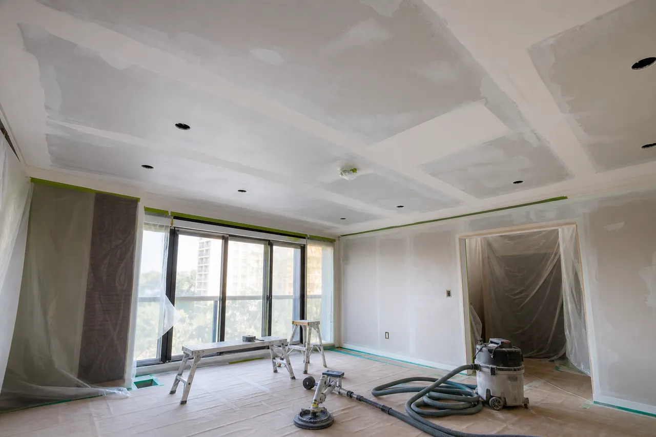 Skim coat drying after popcorn ceiling removal in a protected room