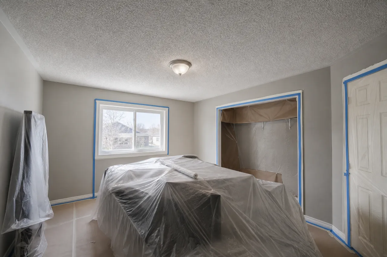 Small bedroom protected before popcorn ceiling removal starts