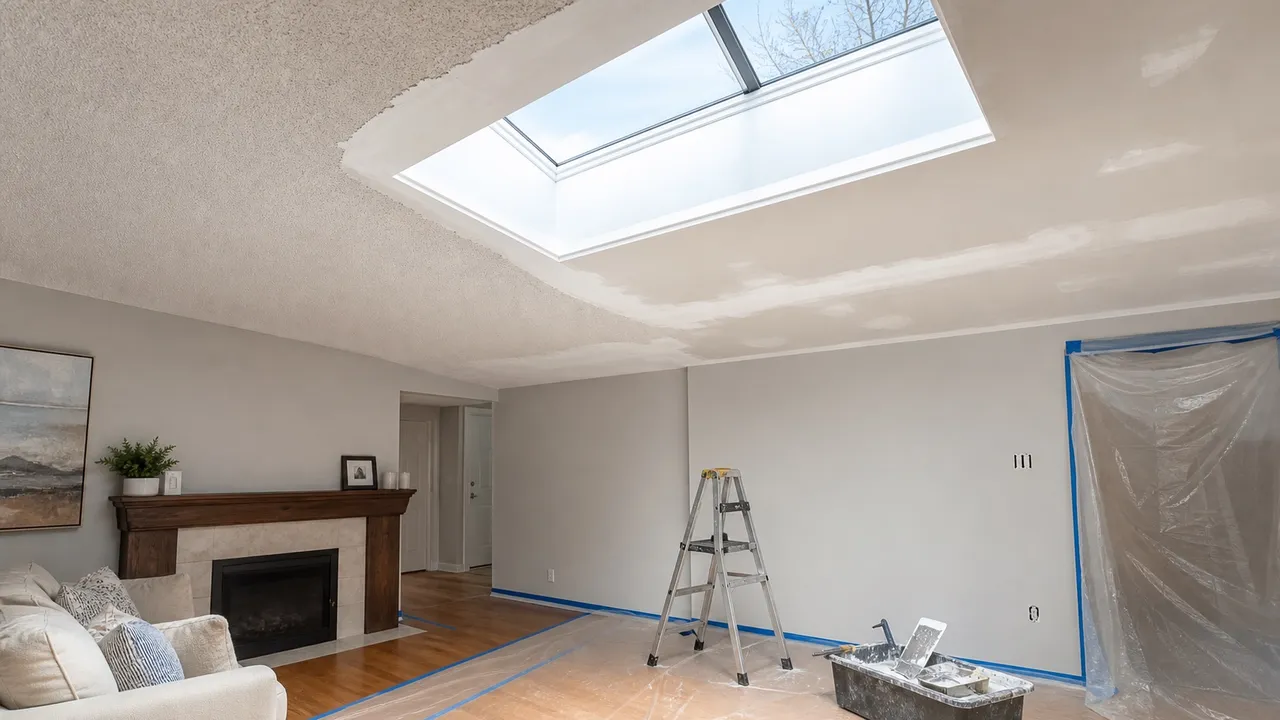 Burlington popcorn ceiling removal and cathedral ceiling repair around a bright skylight opening with protected floors