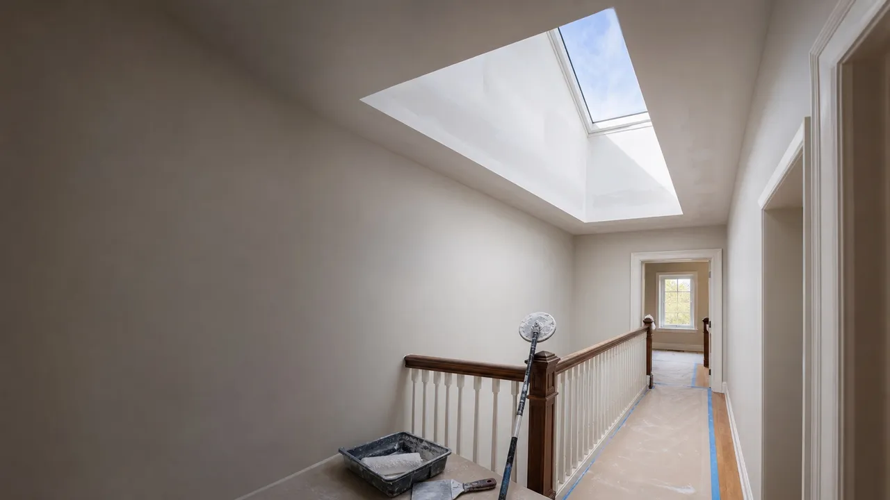 Hamilton skylight and cathedral ceiling repair with protected hallway, smooth skim coat, primer, and light well ceiling finishing