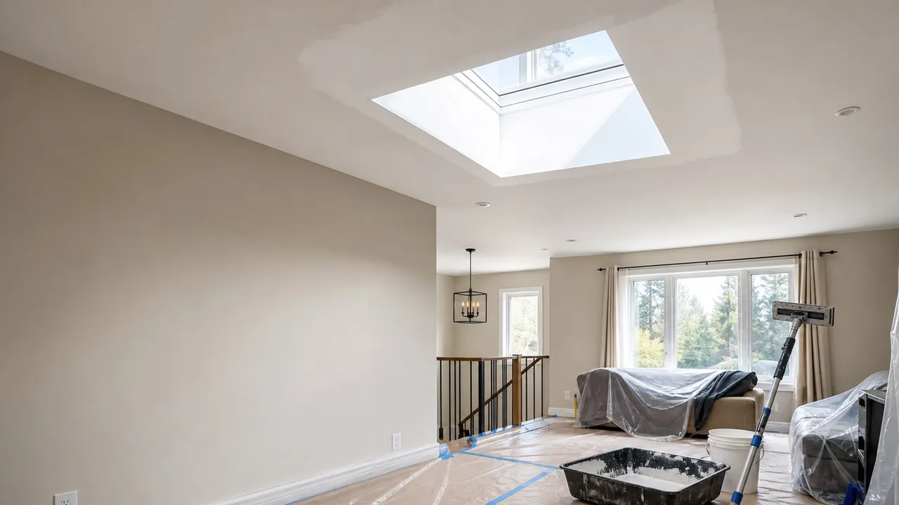 Mississauga skylight and cathedral ceiling repair with smooth ceiling prep, protected room, and daylight from a clean skylight