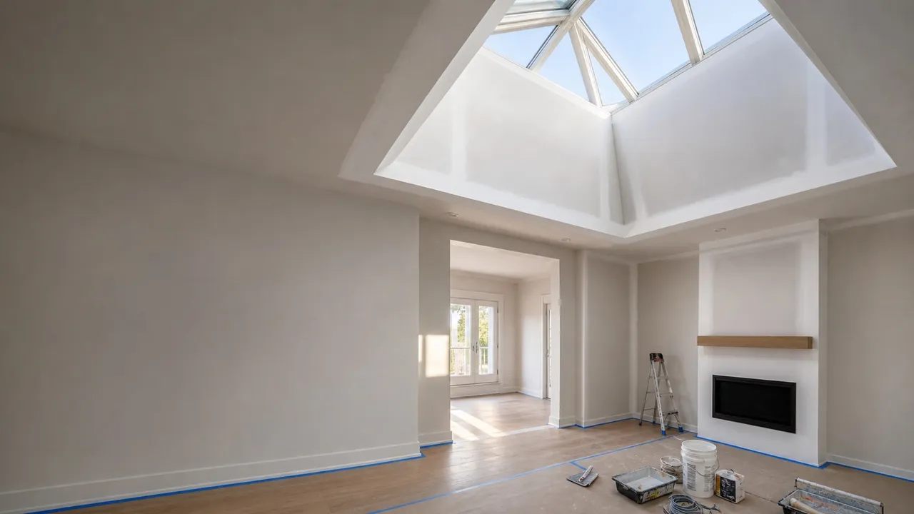 Oakville skylight shaft and cathedral ceiling repair with smooth ceiling refinishing and clean protected room preparation