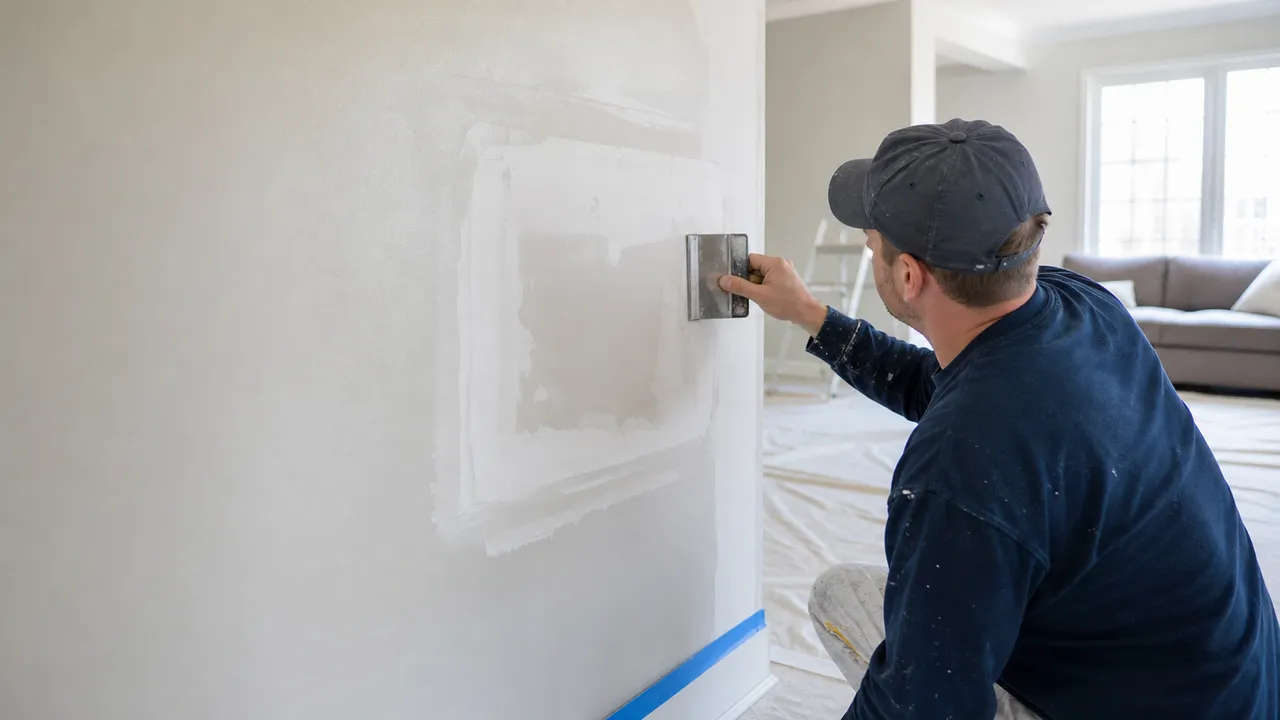 Visible drywall patch showing through paint on an interior wall before professional repair