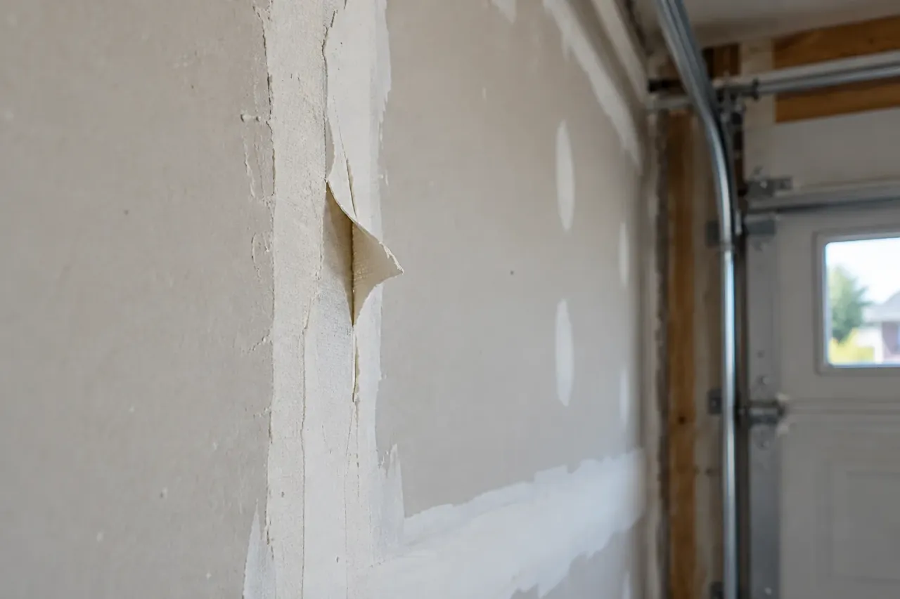 Curled paper drywall tape along a garage wall joint beside a door track