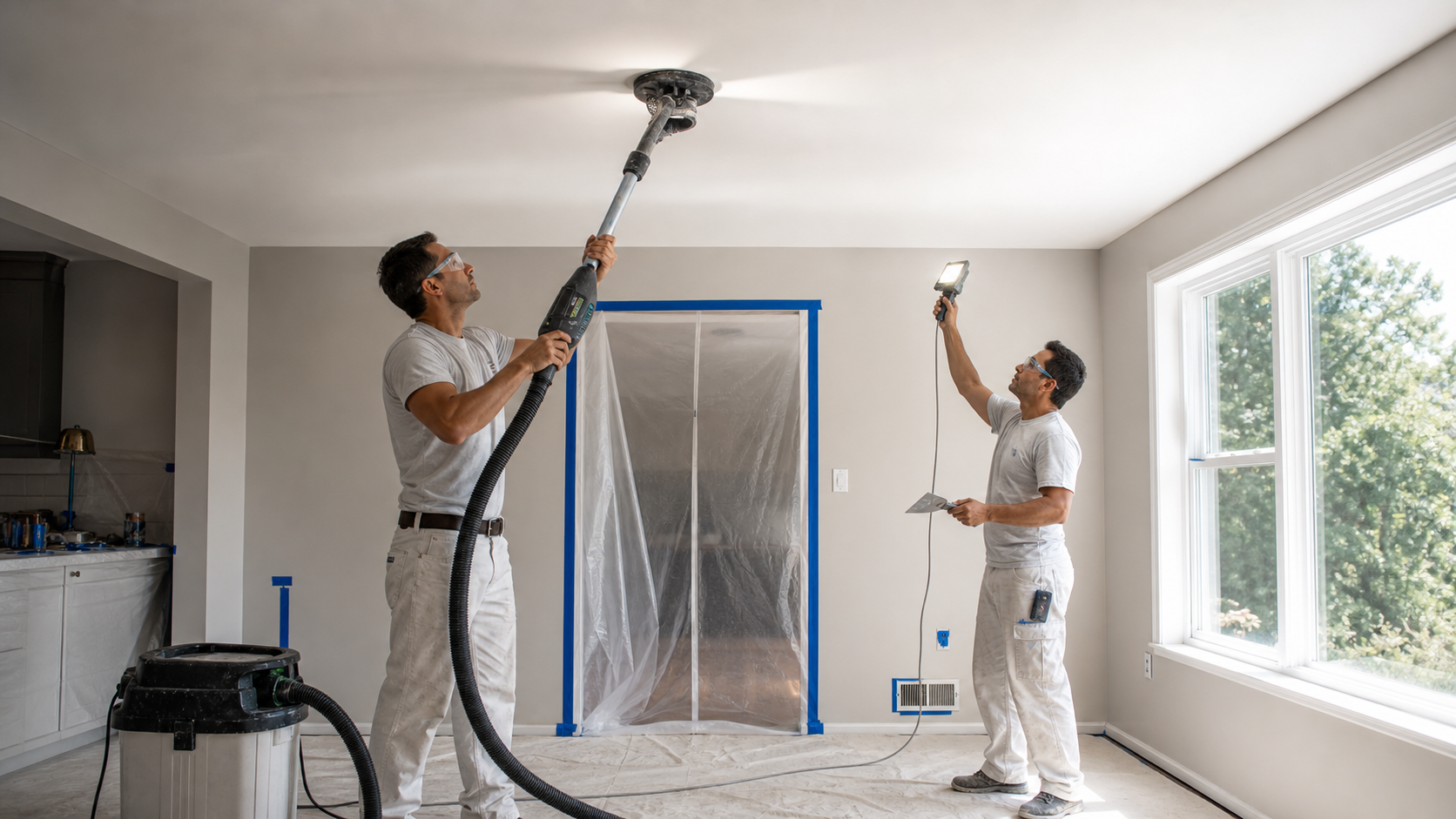 HEPA sanding setup for smooth ceiling work