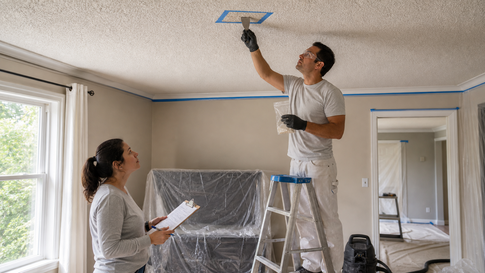 Contractor checking ceiling details for a popcorn ceiling removal quote