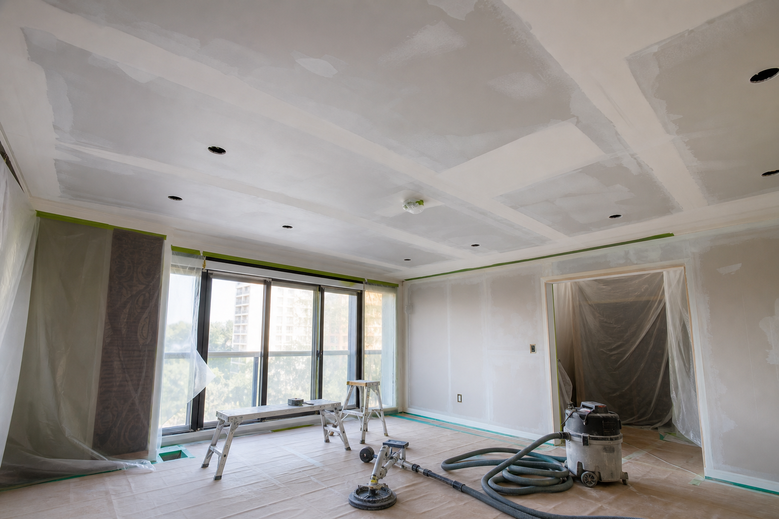 Skim coat drying after popcorn ceiling removal in a protected room