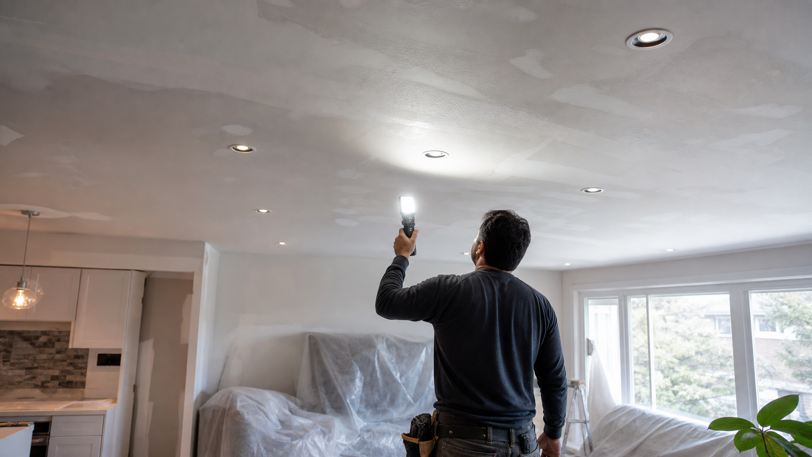 Popcorn Ceiling Removal With Pot Lights in Mississauga