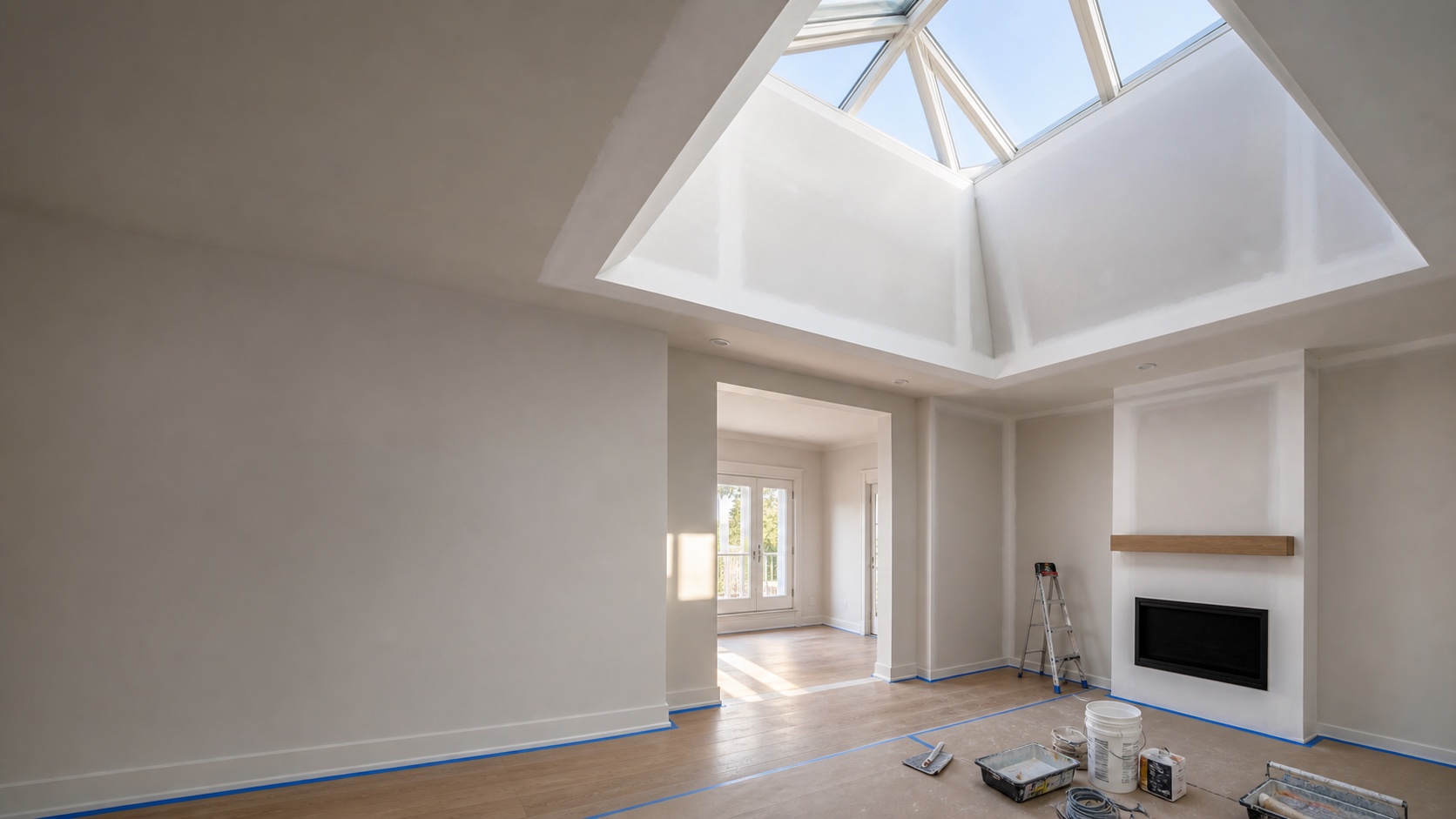 Oakville skylight shaft and cathedral ceiling repair with smooth ceiling refinishing and clean protected room preparation